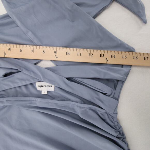 Superdown Suzette Dress Blue Gray Mini Ruched Cutout Tie Stretch Knit Halter L - Picture 7 of 13